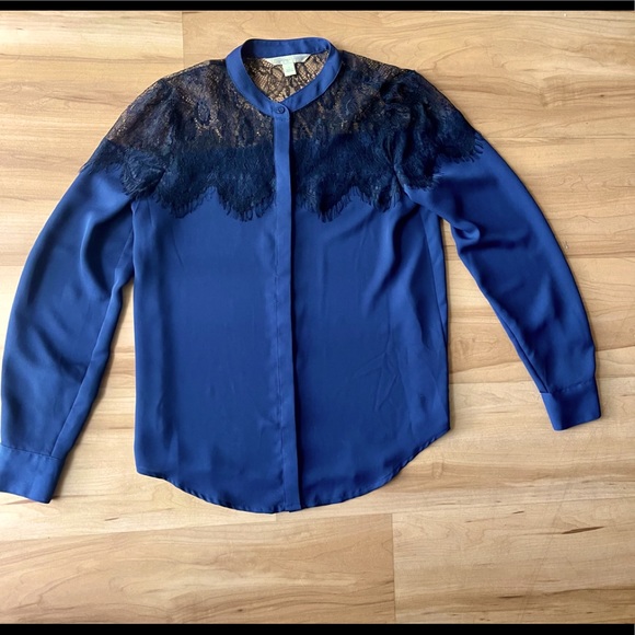 LC Lauren Conrad Western Button Down Blouse Blue Lace Small Shirt Top Cowgirl - Picture 1 of 5